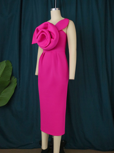 Single Shoulder Oblique Collar 3D Flower Dress