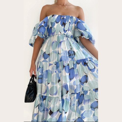 Bohemian printed off shoulder holiday style sexy loose fitting dress
