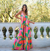 Deep V Open Back Dress Bohemian Floral Strap Long Dress