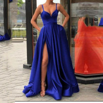 Slim Solid Color Hanging Strap Tail Banquet Satin Dress