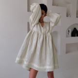 Cotton linen French dress temperament commuting V-neck lantern sleeve loose fitting dress