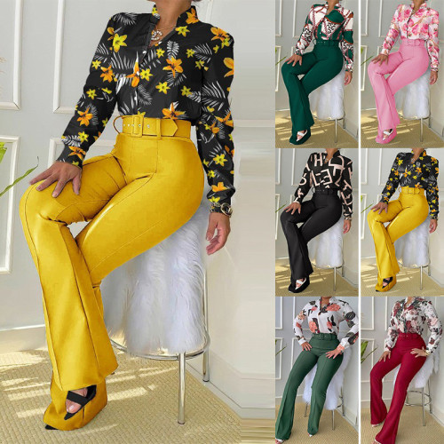 Casual Set Printed Standing Neck Long Sleeve Shirt Top Wide Leg Pants Two Piece Set with Belt