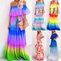 Wrapped chest print gradient large swing dress