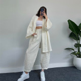 Casual long sleeved cardigan jacket with 9/4 high waist wide leg pants temperament two-piece set