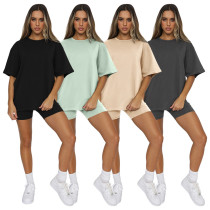 Solid color short sleeved round neck pullover top urban casual shorts fashion set