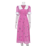 Women's French printed dress with fashionable temperament, doll neck, short sleeves, waist up long skirt