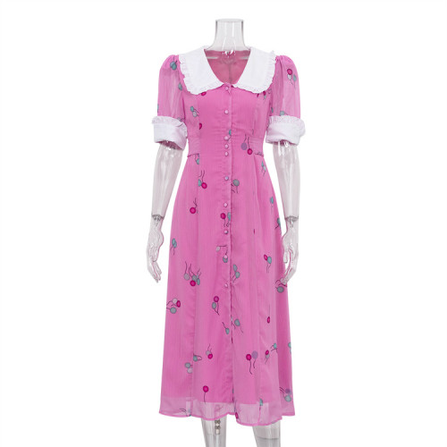 Women's French printed dress with fashionable temperament, doll neck, short sleeves, waist up long skirt