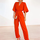 Solid loose size V-neck short sleeved tied waist straight tube women's jumpsuit