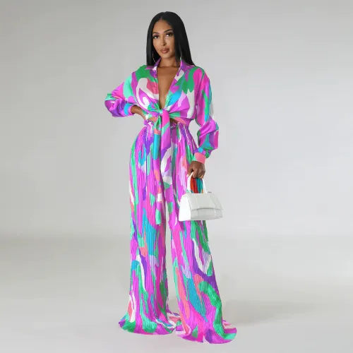 Women's simulated silk print deep V lace up long sleeved pleated pants set