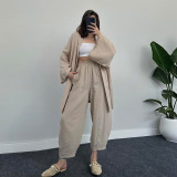 Casual long sleeved cardigan jacket with 9/4 high waist wide leg pants temperament two-piece set