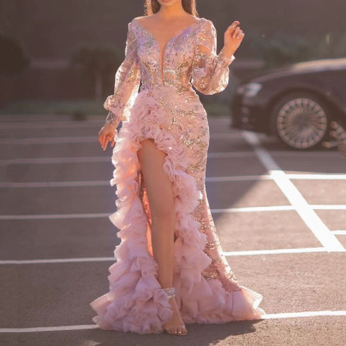 Sexy Mesh Tail Sequin Split Pink Evening Dress