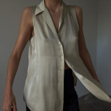 Women's sleeveless satin shirt, medium length top, women's lapel drape, fashionable vest shirt