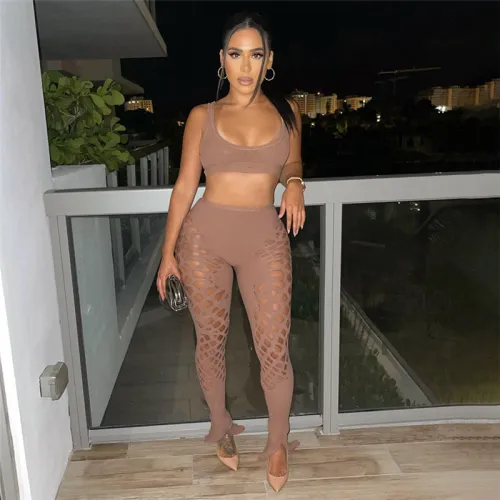 Sexy Umbilical Slim Fit Top High Waist Hollow Out Casual Pants Set