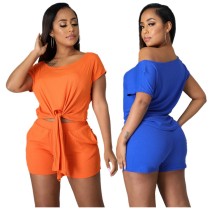 Loose Round Neck Short Sleeve Self Tie Two Piece Set