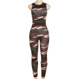 Women's sleeveless printed camouflage slim fitting high waisted sports jumpsuit