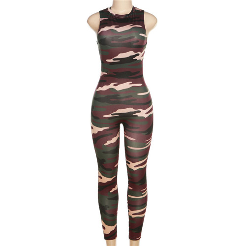 Women's sleeveless printed camouflage slim fitting high waisted sports jumpsuit