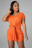 Loose Round Neck Short Sleeve Self Tie Two Piece Set