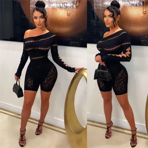 Women's sexy hollow out tight knit perspective high waisted casual jumpsuit shorts