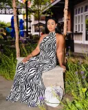 Large size wide leg jumpsuit with striped print jumpsuit