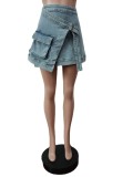 Lace up denim apron 3D pocket denim short skirt