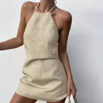 Cotton and linen dress with open back and sexy spicy girl hanging neck tie up A-line skirt
