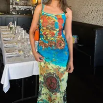 Fashionable temperament, personalized print, one line neck, strap dress