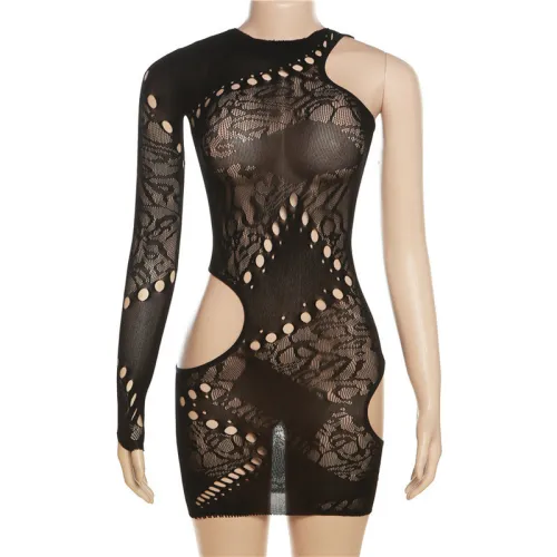 Fashionable jacquard hollowed out single sleeve round neck high waisted slim fitting short one piece skirt