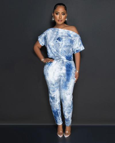 Fashion drawstring waist imitation denim printed diagonal shoulder jumpsuit