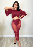 Pleated buttocks wrapped mesh sexy slim fitting long skirt two-piece set