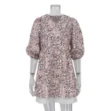 Plant printed doll neck waist up short sleeved skirt French dress