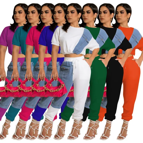 Denim combination casual sports set