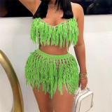 Fashionable Tassel Sexy Spicy Girl Wrapped Chest Perspective High Waist Wrapped Hip Shorts Set