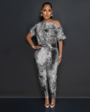 Fashion drawstring waist imitation denim printed diagonal shoulder jumpsuit
