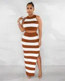 Striped printed slit skirt two-piece set