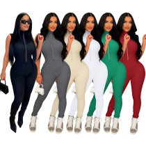 Fashion women's solid color brick and stone zipper jumpsuit