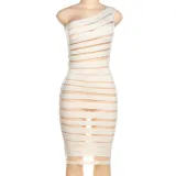 Women's Fashion One Shoulder Sleeveless Mesh Splice Perspective High Waist Slim Fit Dress