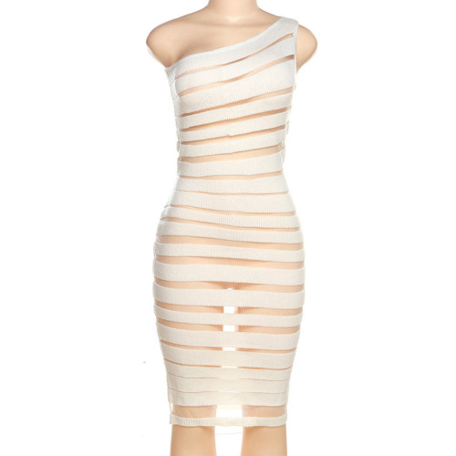 Women's Fashion One Shoulder Sleeveless Mesh Splice Perspective High Waist Slim Fit Dress