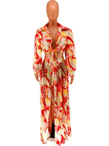 Women's printed long sleeved skirt set