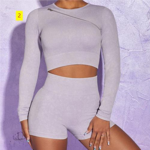 Seamless Knitted Yoga Suit Women's Rib Sandwash Sports Long Sleeve Zipper Solid Color Fitness Set