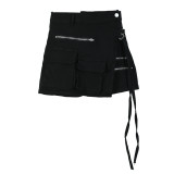 Irregular multi pocket overalls shorts with narrow waist and loose denim culottes