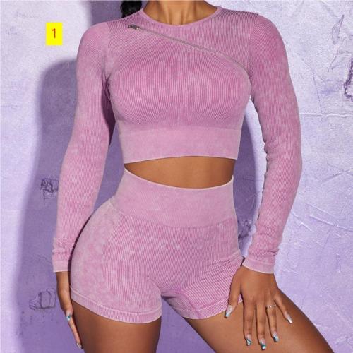 Seamless Knitted Yoga Suit Women's Rib Sandwash Sports Long Sleeve Zipper Solid Color Fitness Set