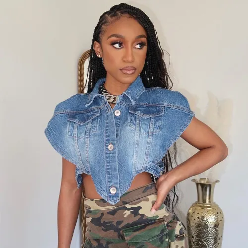 Open navel lace up sleeveless irregular denim vest