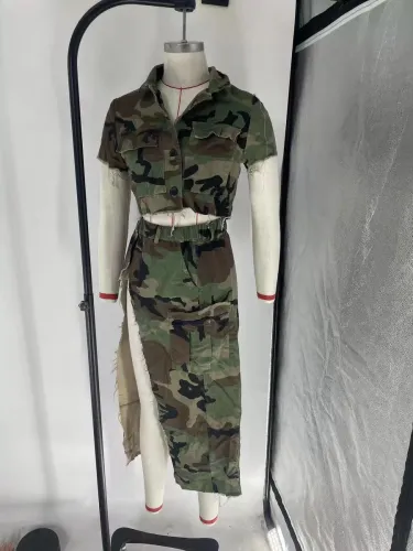 Wash Water Camo Collar Short Sleeve Split Long Dress Wash Water Camo Cover