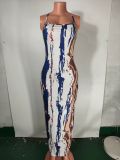 Women's colored graffiti low cut dress long skirt