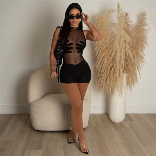 Sexy Hollow Out Perspective Panel Sleeveless High Waist Tight One Piece Shorts