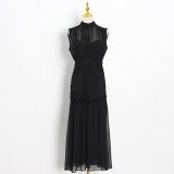 Chiffon small standing neck solid color patchwork slim fitting long swing dress