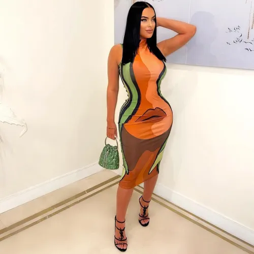 High Collar Sleeveless Human Lip Printing Slim Fit Long Dress