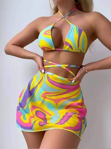 Printed Cross Strap Beach Bikini Three Piece Set