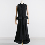 100 pleated standing collar sleeveless top with asymmetric stitching and ruffle edge skirt two-piece set
