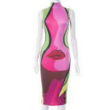High Collar Sleeveless Human Lip Printing Slim Fit Long Dress